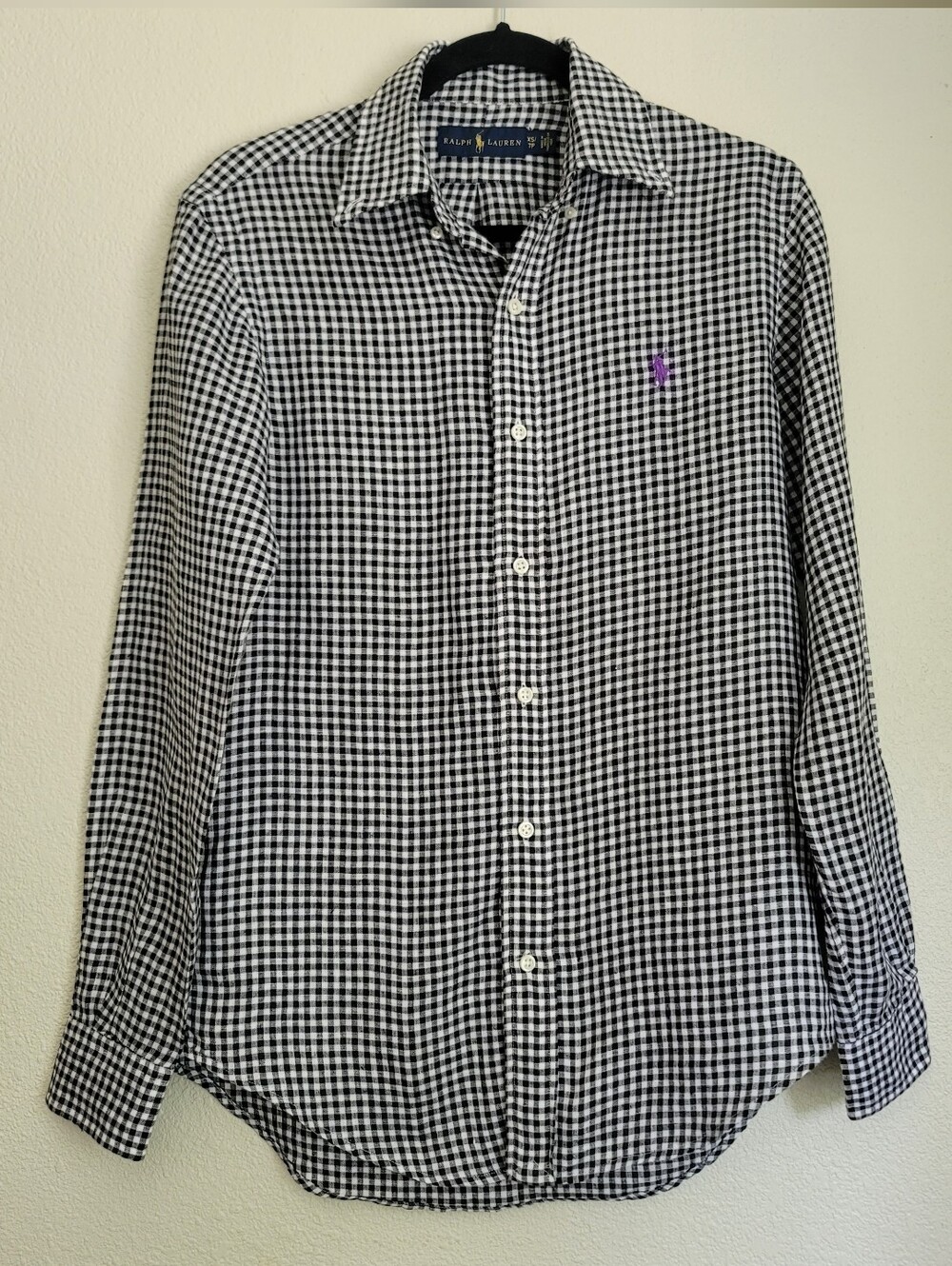 Ralph Lauren Black & White Gingham Button-Down Shirt with Purple Logo
